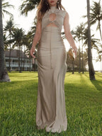 Genis Hollow Elastic Bust High Neck Sleeveless Gathered Maxi Dress