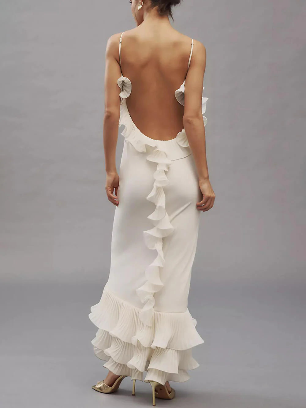 Alisin Pleated Chiffon Wavy Ruffles Trim Slip Maxi Dress
