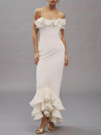 Alisin Pleated Chiffon Wavy Ruffles Trim Slip Maxi Dress