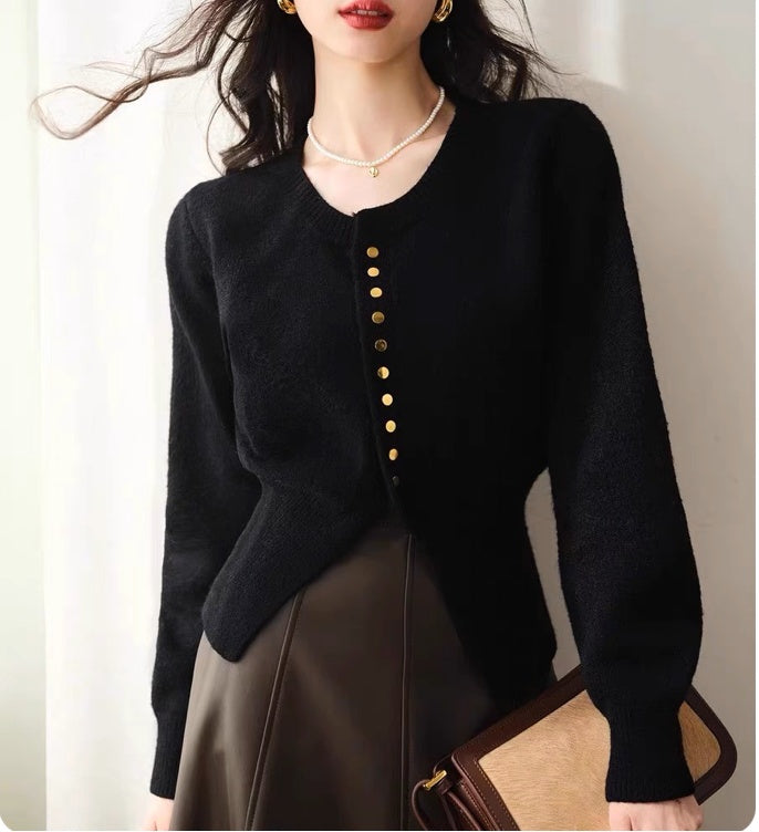 Button-Front Long Sleeve Knit Top