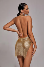 Diamante Mesh Mini Dress - Gold