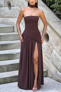 consonak Strapless Back Lace-up High Slit Splice Maxi Dress