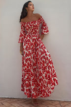 Elerie Floral Print Smocked Off Shoulder Maxi Dress