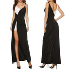 V Neck Black and White Split Long Evening Dress