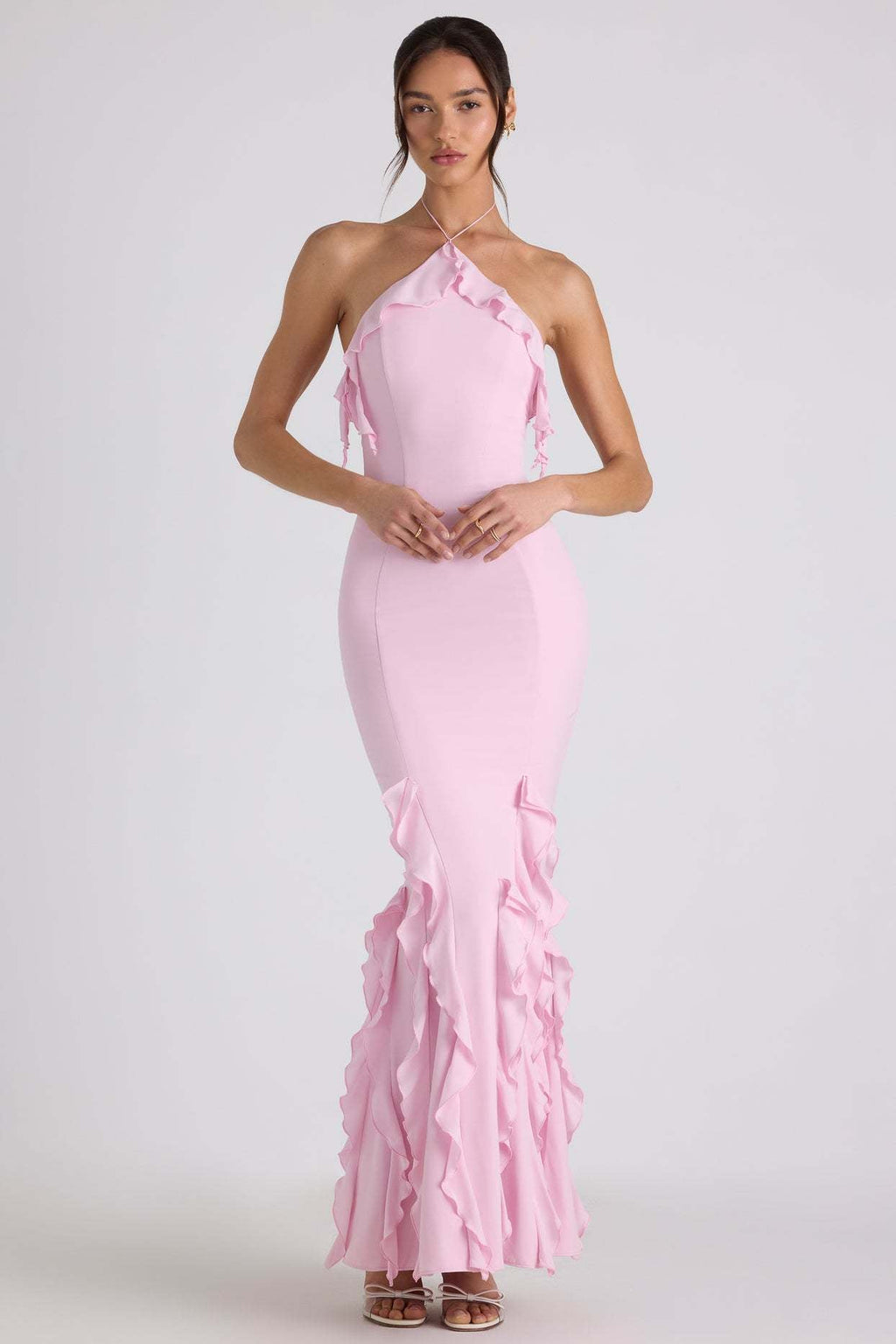 Ruffle - Trim Halterneck Evening Maxi Dress