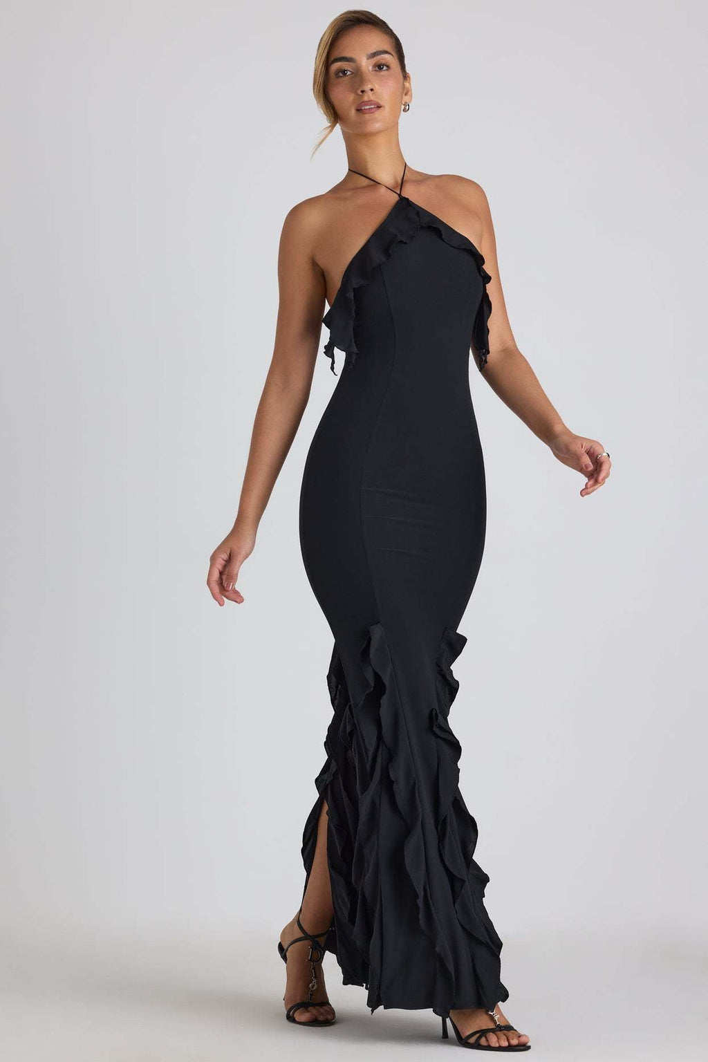 Ruffle - Trim Halterneck Evening Maxi Dress