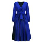 Long Sleeve Slim Fit Pleated Belt V neck Dress A line Dress