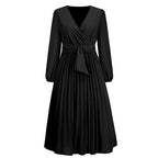 Long Sleeve Slim Fit Pleated Belt V neck Dress A line Dress