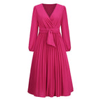 Long Sleeve Slim Fit Pleated Belt V neck Dress A line Dress
