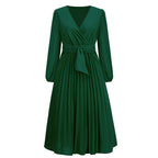 Long Sleeve Slim Fit Pleated Belt V neck Dress A line Dress