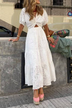 Openwork Embroidered V-Neck Knot-Detail Waist-Defining Maxi Dress