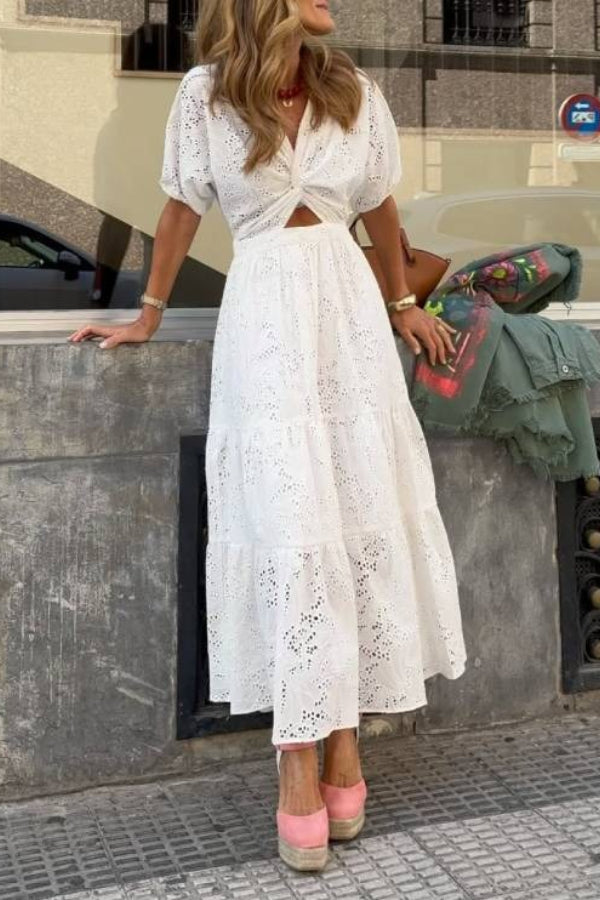 Openwork Embroidered V-Neck Knot-Detail Waist-Defining Maxi Dress