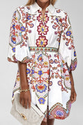 Ethnic Floral Lantern Sleeve Collared Boho Dress