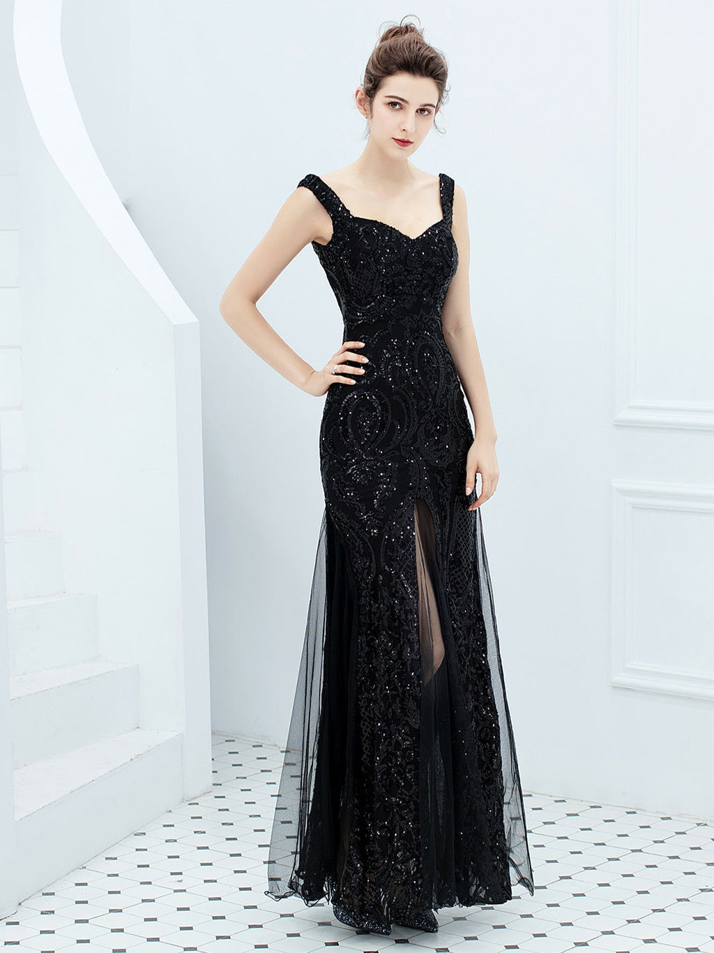 Sequin suspender long evening dress