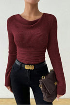Ruched Cowl Neck Slim Knit Long Sleeve Tee