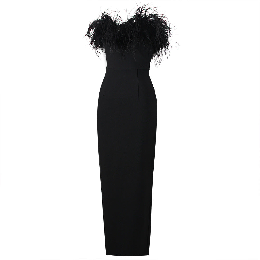 Ostrich Fur Tube Top Dress Bandage One Piece Dress