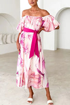 Floral Print Elegant Puff Sleeve Tie-Waist Midi Dress