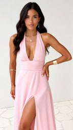 Waleska Elevated Maxi Halter Dress V Neck and Slit Chic Silhouette Collection