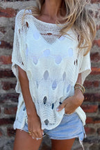 Solid Color Loose-fitting Openwork Casual Knit Top