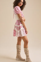 Floral Lace Patchwork V Neck Puff Short Sleeve Mini Dress