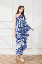Asymmetric Design Slant Shoulder Print Loose Dress