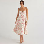 Backless Slim Fit Strap Dress Vacation Floral Split Mid Length Dress