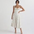 Backless Slim Fit Strap Dress Vacation Floral Split Mid Length Dress
