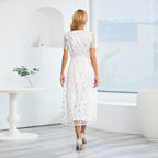 Embroidered Bright Yarn Mesh DressSlim Fit V neck Mid Length Dress
