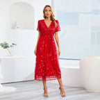 Embroidered Bright Yarn Mesh DressSlim Fit V neck Mid Length Dress