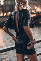 Countdown Celebration Sequin Short Bell Sleeve Open Back Ruched Mini Dress