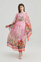 Vintage Court Style Round Neck Trumpet Long Sleeve Loose Printed Dress Tencel Long Dress