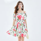 Rose Print off shoulder Tight Seashore Vacation Dress