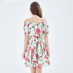 Rose Print off shoulder Tight Seashore Vacation Dress
