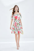 Rose Print off shoulder Tight Seashore Vacation Dress