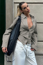 Belted Checkered Long Sleeve Blouse