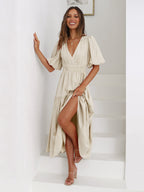 Claudia Exclusive Ruffle Midi Dress with V Neck and Puff Sleeves Premium Wardrobe Essential