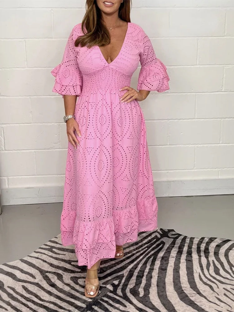 Embroidery Anglaise Frill Sleeve Midi Dress