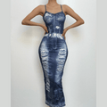 Cross back u neck backless denim print contrast slit midi dress