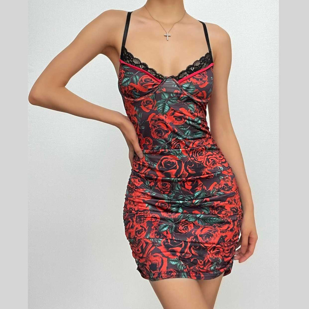 Flower print contrast lace hem cross back ruched mini dress