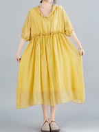 Plain Cotton Short Sleeves Hooded Style A-Line Dress