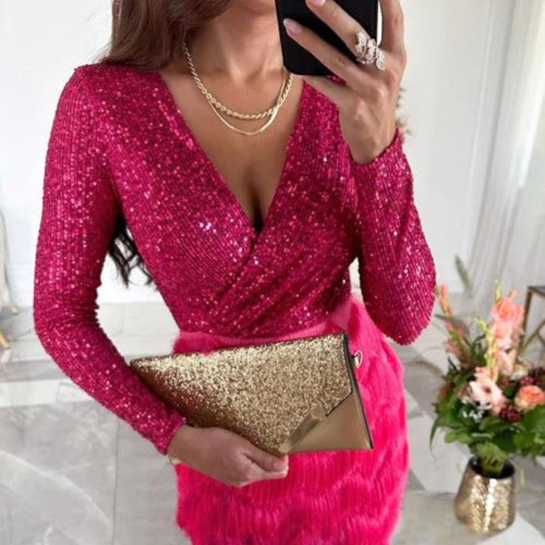 Amalberga Aesthetic Heidi Mode Sequin Dress with V Neck Statement Occasion Edit