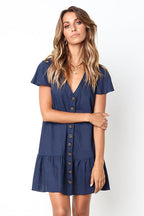 Button-up V-neck Ruffle Mini Dress - 4 Colors