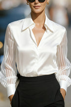 Solid Color Satin Loose-fitting See-through Long-sleeved Casual Shirt