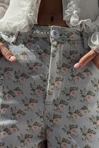 Light Blue Floral High Waist Wide Leg Jeans