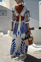 Linen Blend Unique Printed V-Neck Hollow Backless Lace-Up Holiday Maxi Dress