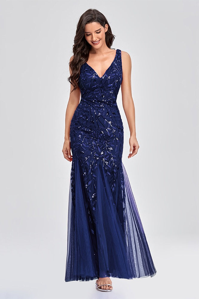 V Neck Sheer Embroidered Sequin Sexy Prom Dress