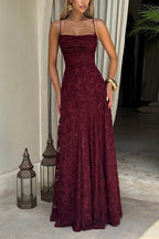 Spaghetti Strap Backless Lace-up Jacquard Maxi Dress