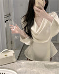 Beige Satin Cowl Neck Long Sleeve Blouse