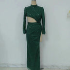 Irregular Asymmetric Sequined Long Sleeved Cocktail Dress Trailing Large Swing