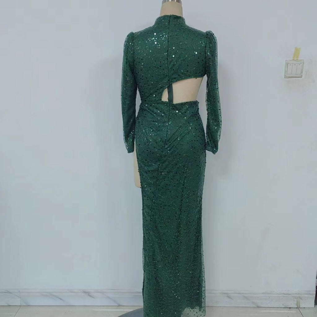 Irregular Asymmetric Sequined Long Sleeved Cocktail Dress Trailing Large Swing